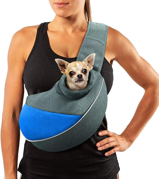 Adjustable Dog and Cat Sling Carrier with Padded Shoulder Strap and Mesh Pocket for Outdoor Travel (Medium, Up to 10 lbs, Blue-Mesh)